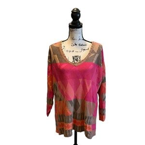 Nic+Zoe Abstract Sweater Pink Brown Size 1X Vivid v-neck workwear office